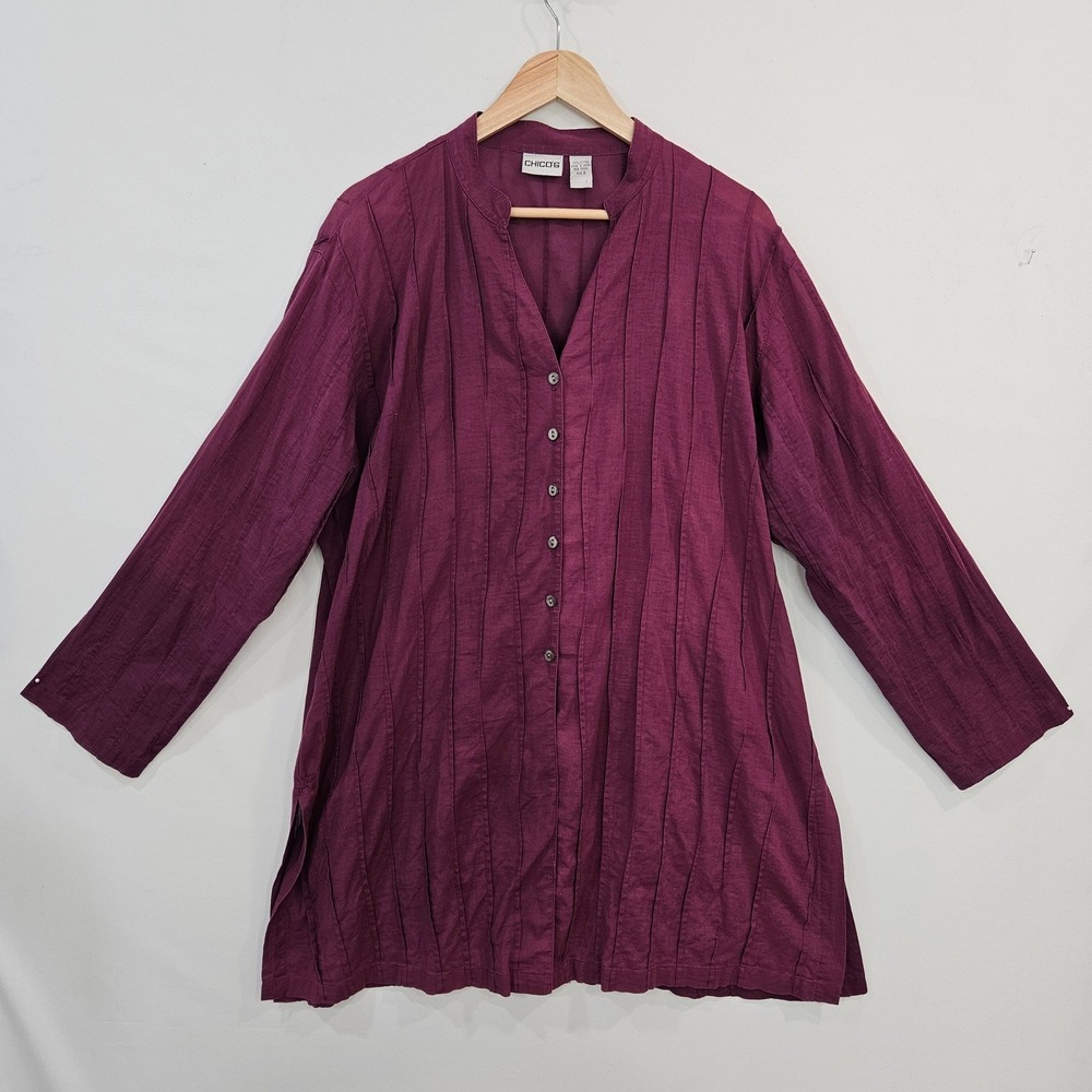 Chicos Womens Tunic‎ Shirt XL Long Burgundy Pleated Gauzy Boho Chico 3 Beachy